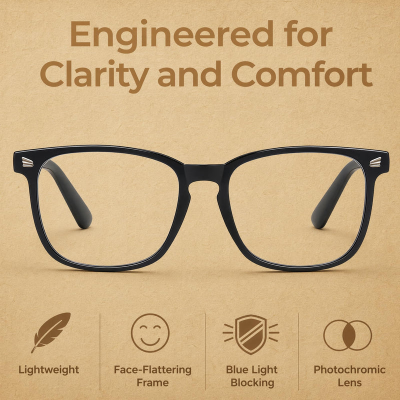 Blue Light Blocking Glasses Men Women Computer Filter Large Frame Bluelight Blocker, Scratch-Resistant Black&clear Photochromic Gray