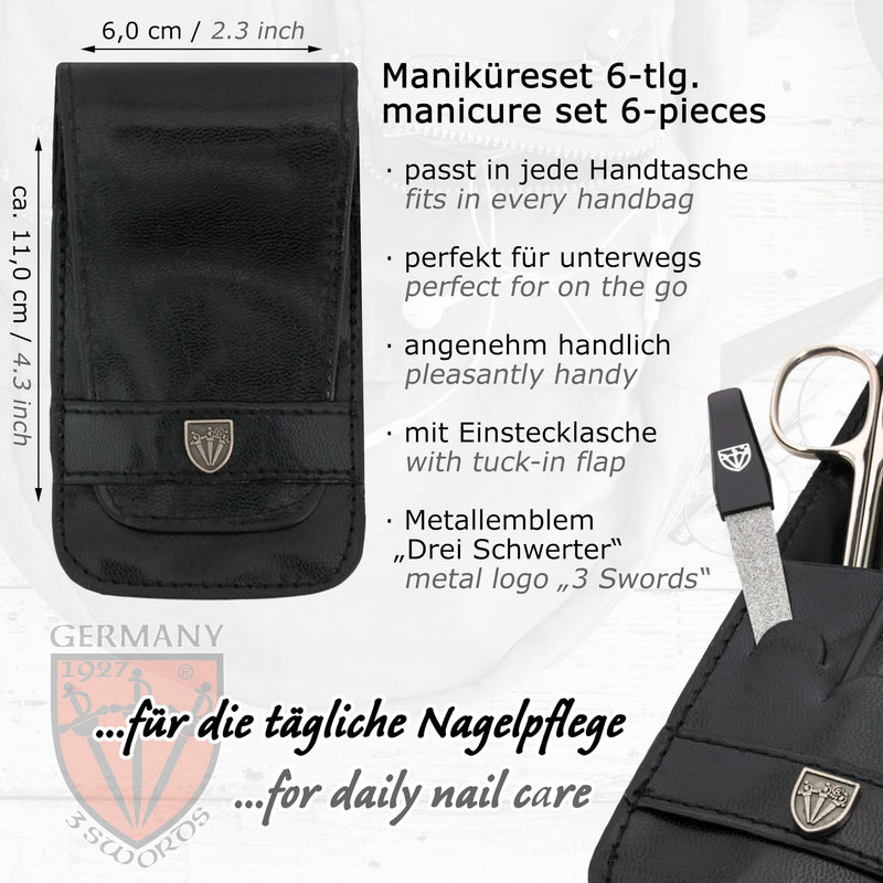 3 Swords Germany - brand quality 6 piece manicure pedicure grooming kit set for professional nail care with black synthetic leather case - Made in Germany SYNTHETIC LEATHER BLACK