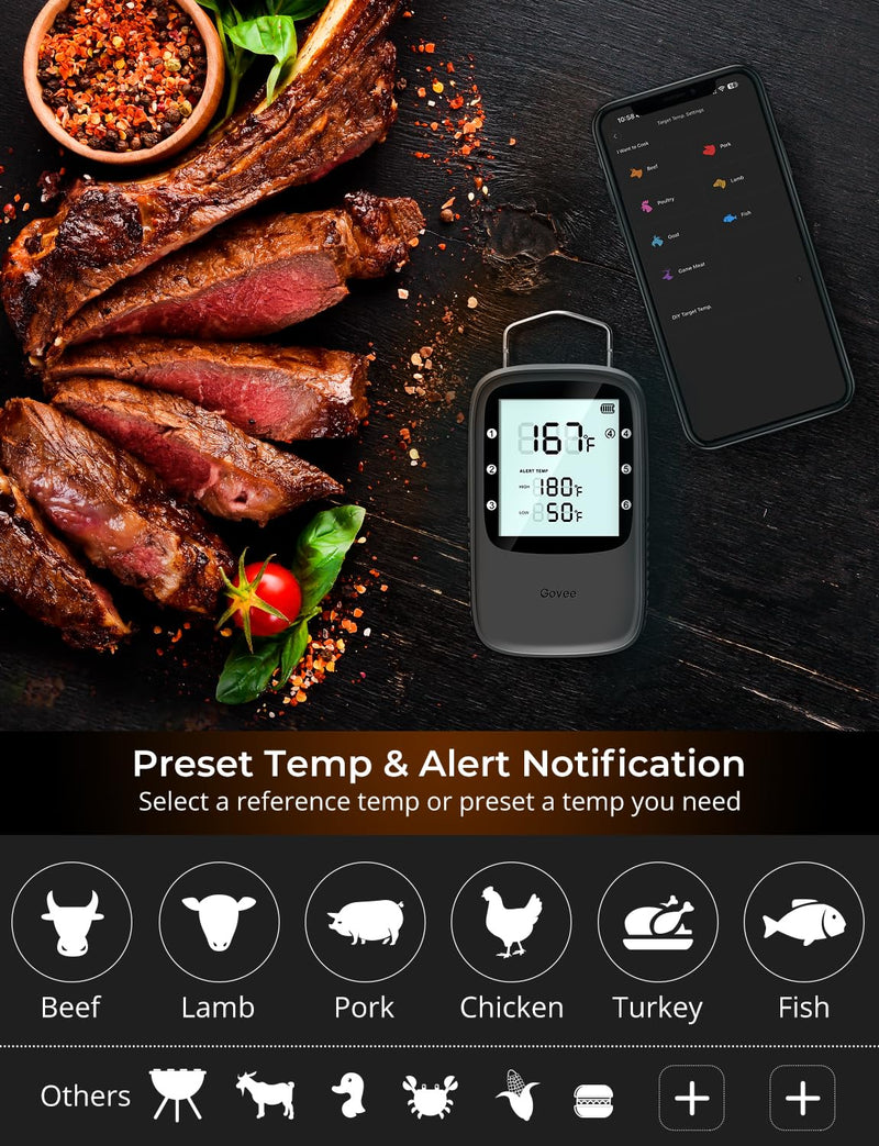 Govee Bluetooth Meat Thermometer, Wireless Meat Thermometer for Smoker Oven, Digital Grill Thermometer with 2 Probes, Timer Mode, Smart LCD Backlight BBQ Thermometer for Cooking Turkey Fish Beef 2 x Probes Black