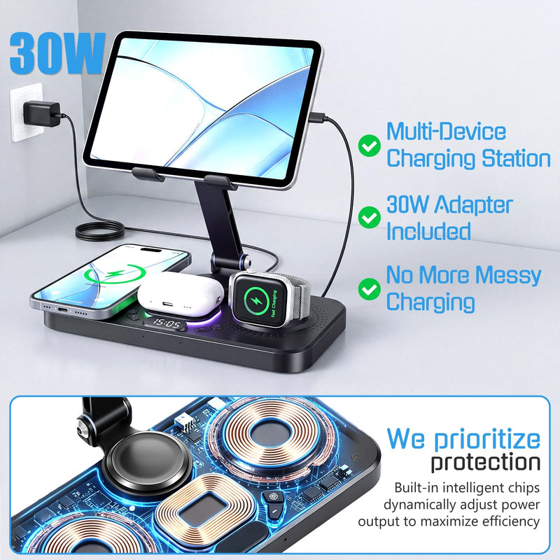 30W Charging Station for Apple Multiple Devices,Foldable Wireless Charger | 6 in 1 Magnetic Charger Station with Clock-7 RGB Light,Wired Charging Stand for iPhone17/iPad/Tablet/Apple Watch/AirPods