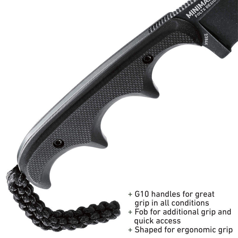 CRKT Compact Fixed Blade Knife: Minimalist Black Drop Point, Folts Utility Knife with Stonewashed Blade, G10 Handle and Nylon Sheath 2384K