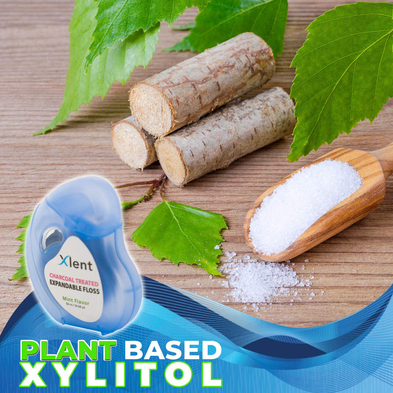 Expandable Floss Treated with Activated Charcoal with Xylitol and Natural Plant Based Wax |Fresh Mint Flavor | 50 Meter (6 Count) 164.04 Foot (Pack of 6)