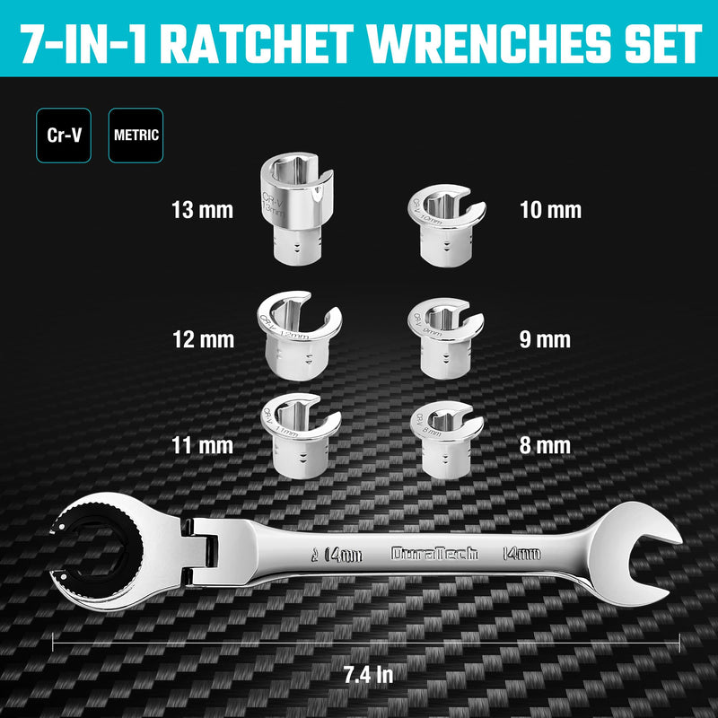 DURATECH 7-In-1 Ratcheting Wrench Set with Open Flex-head, Metric Ratcheting Tubing Wrench Set, 8-14mm, 72-Tooth Gear, CR-V Steel, with Tool Box, Gifts for Men