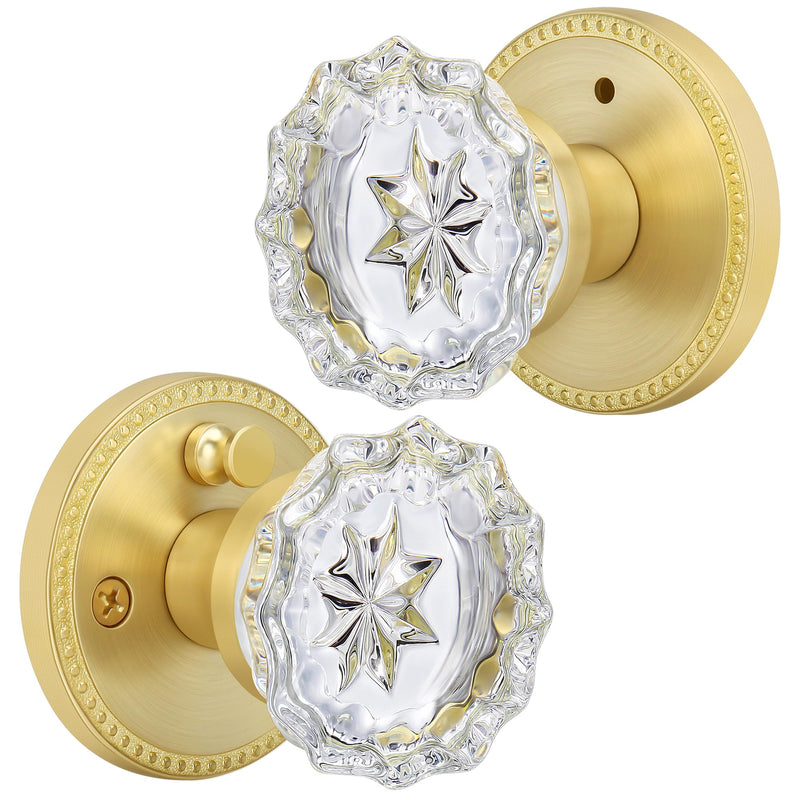 Moquin Modern Gold Interior Crystal Door Knob with Lock (No Key), Privacy Glass Door Knob with Privacy Button for Bathroom, Bedroom or Closet, Satin Brass Epiphyllum+Round with Bead Cover (Satin Brass)