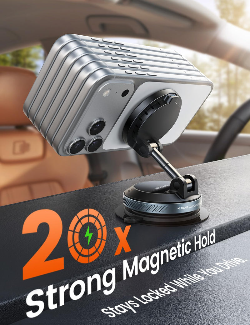 Lamicall 15W for MagSafe Car Mount Charger, 360° Wireless Car Phone Holder | Dual USB-C Ports Magnetic Phone Holder for Car, 70 LBS Vacuum Suction Phone Mount for iPhone 17 16 Pro Max Truck Jeep Black 64 mm