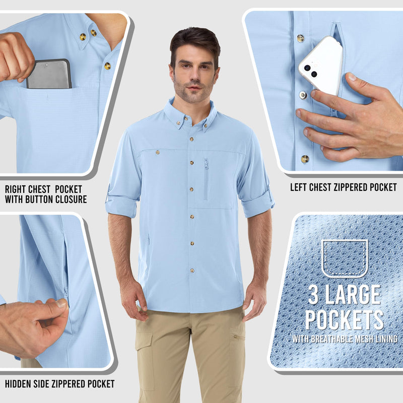 Outdoor Ventures Men's Long Sleeve Hiking Shirt UPF 50 UV Sun Protection Shirt Cooling Quick Dry for Travel Fishing Safari Large Light Blue