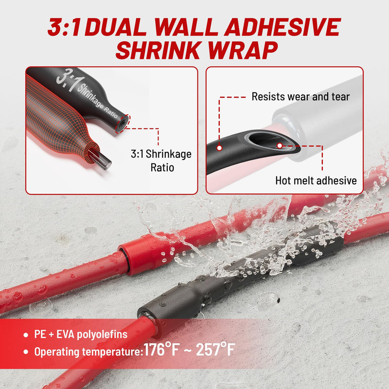RED WOLF 20PCS 2/0 AWG-3/8 Marine Grade Wire Lugs, Tinned Copper Ring Terminal Connectors Ends W/3:1 Dual Wall Adhesive Heat Shrink Tubing, Heavy Duty Anti-Rust Battery Cable Ends
