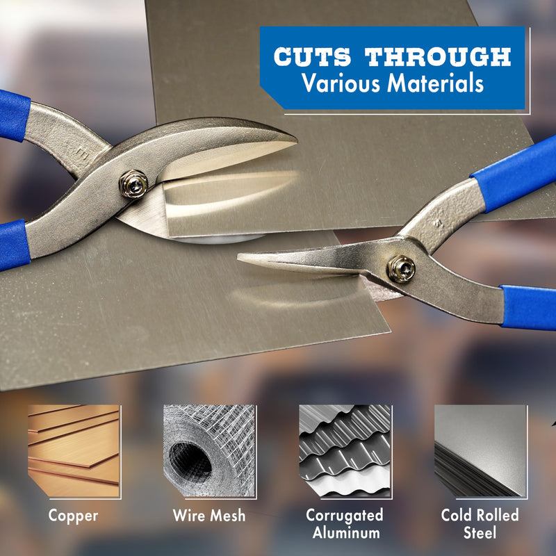 MIDWEST Tinner Snip - 12-Inch Straight/Wide Curved Metal Cutter with Forged Blades & Kush'n-Kote Grips - MWT-127S