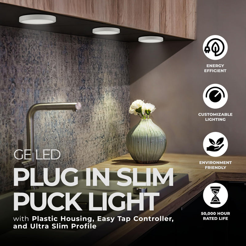 GE LED Plug In Slim Puck Light with Plastic Housing, Easy Tap Controller, and Ultra Slim Profile for Under Counter Fixtures, White Medium Warm White