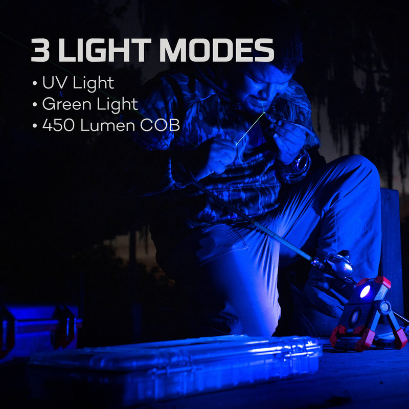 NEBO OMNI Fish Dock Light | 450 Lumens COB, 4 Light Modes, 395nm UV, Rotating Magnetic Handles, Built-In Power Bank, Water Resistant, Rechargeable Work Lamp, Includes USB-C Charging Cable