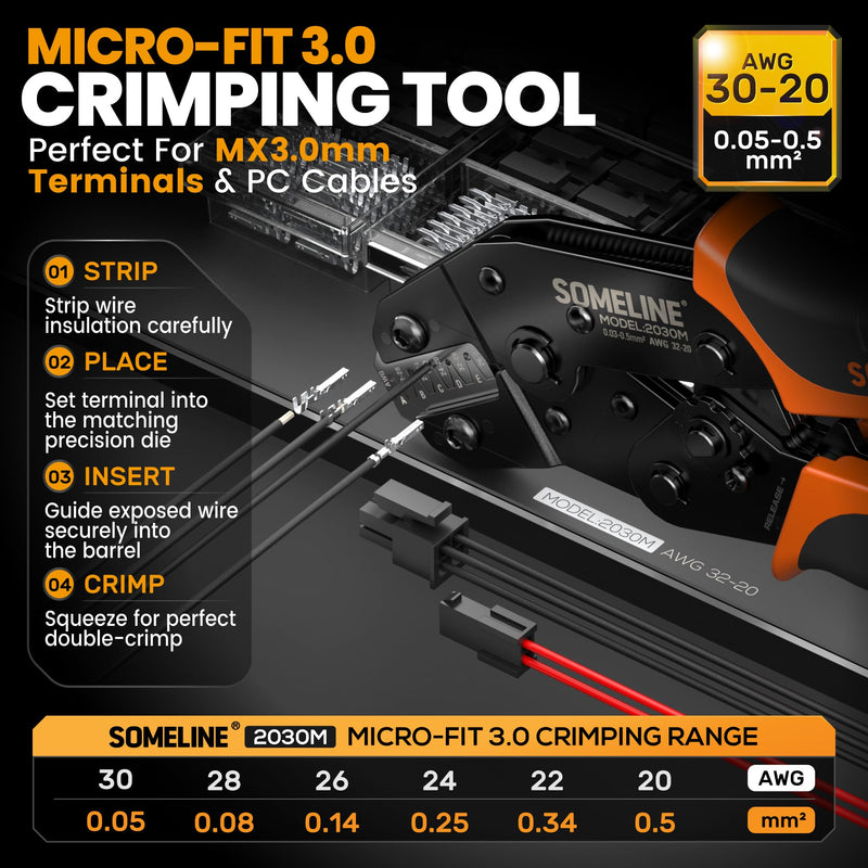 SOMELINE Micro-Fit 3.0 Connector Crimping Tool Kit, 2-16 Pin Dual Row Male & Female Housings, 28-18 AWG Terminal, 2 Pin Extractors & 32-20 AWG Crimper, Compatible with Molex, for PC, 3D Printers & DIY Micro-Fit 3.0mm: 2-16 Pin + 2 Tools