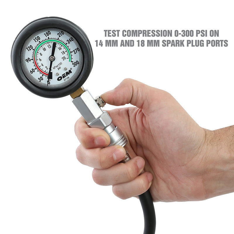 OEMTOOLS 37138 Compression Tester Gauge Set, Compression Tester Automotive, Engine Compression Tester with Flexible Hose, 14mm and 18mm Adapters