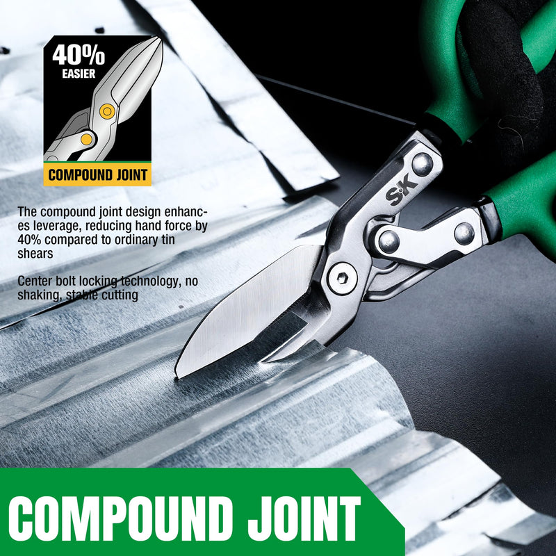 SK 10" Compound Action Tin Snips, Metal Shears with Forged Blade, Heavy Duty Metal Cutter Scissors, Ergonomic Handle for Comfortable Grip 10-Inch