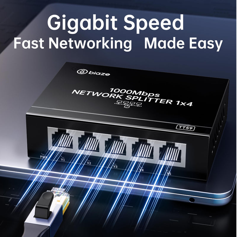 4-Port Ethernet Splitter, Gigabit LAN Network Hub Adapter 1 to 4, Plug & Play Internet Cable Connector for Home/Office/School, Cat6 RJ45 Splitter for PC/Modem/Router/Gaming (1000Mbps)