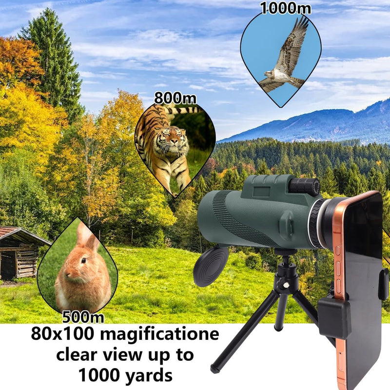 80X100 Monocular Telescope, High Power Monocular for Adults with Phone Adapter & Tripod & Hand Strap, Equipped with BAK4 Prism for Bird Watching (Green, 15.3x7cm) Green