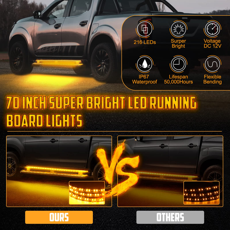 2PCS 70 Inch LED Running Board Light 12V LED Side Marker Light with Sequential Amber Turn Signal Light &White Courtesy Light,216 LEDs Running Board Strip Light for Trucks Cars Vehicle