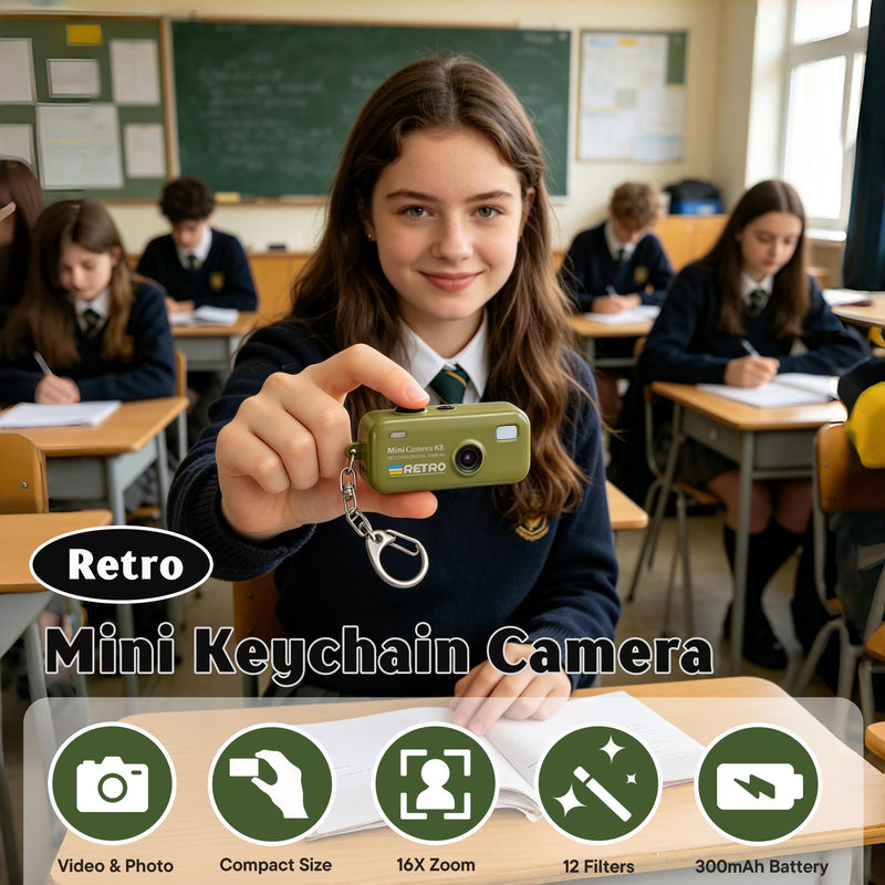 1080P Keychain Camera with 8GB Card, Retro 2MP Mini Digicam | Built-in 12 Filters and 16X Zoom, Rechargeable Battery, Ideal Gifts for Teens & Adult Beginners (Army Green) Army Green