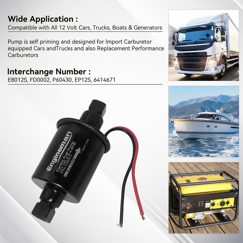 Universal Electric Fuel Pump 12V 2.5-4.5 PSI Inline External 5/16 Inch Compatiable with Gas Diesel Marine Carburetor Marine E8016S E8016S 2.5-4.5 PSI