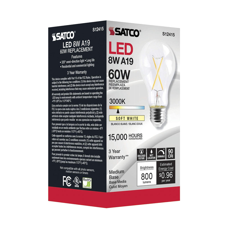 Satco 8 Watt LED A19 Clear Light Bulbs - Medium Base - 3000K Soft White - 120 Volt (6 Pack)