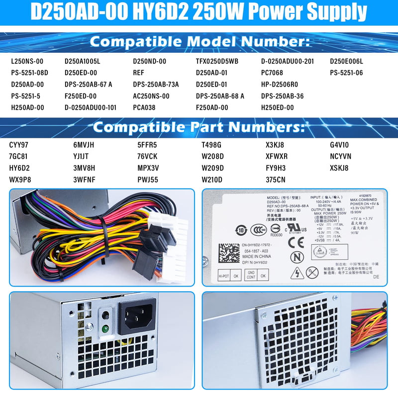 D250AD-00 H250AD-00 250W Power Supply L250NS-00 F250AD-00 PSU Compatible with Dell Optiplex 390 3010 990 790 DT 530s 537s 540s 545s 546s 560s 570s 580s Vostro 200s 220s 230s 400s Studio 540s Slim DT