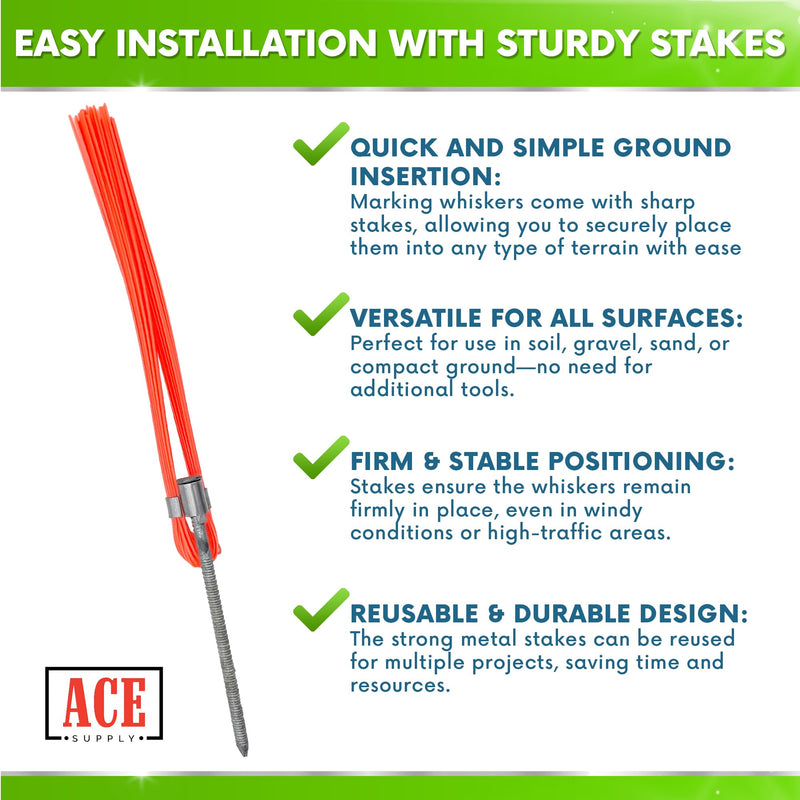 Orange Marking Whiskers With Stakes - 25 Pack - Durable Marking Whisker Set - Use Survey Whiskers As Ground Markers, Construction Markers, Or Trail Markers Orange