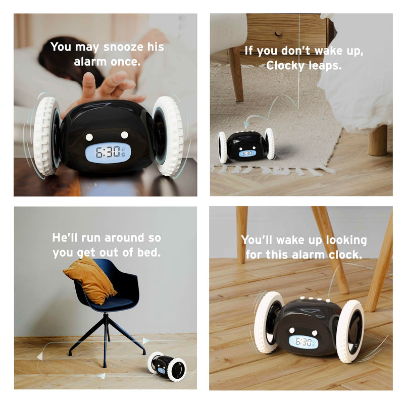 CLOCKY Alarm Clock on Wheels – Loud Rolling Alarm Clock for Heavy Sleepers | Runaway Clock that Jumps & Runs to Wake You Up | Funny Unique Gift for Adults, Teens & Kids Bedrooms (Black) Black