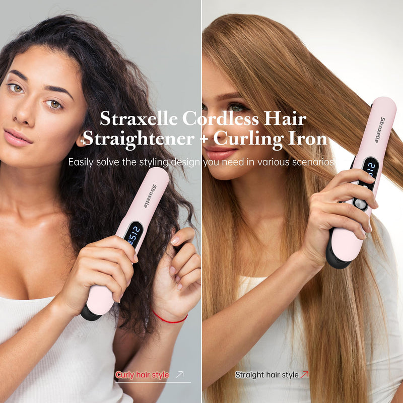 Mini Cordless Hair Straighteners, 2 in 1 Portable Flat Iron and Curler Adjustable Temp 175℃-215℃ Mini Straightener with LED Display,5000mAh Travel Straightener for Women Men (Pink) Pink