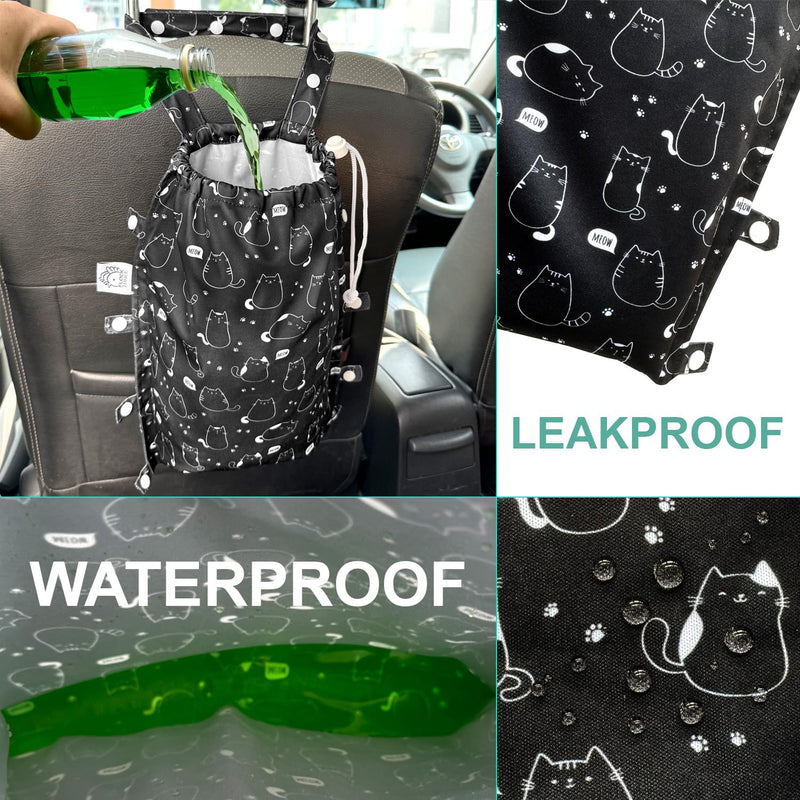 FLOCK THREE Leak-Proof Waterproof Car Trash Bag Foldable Multipurpose Trash bin Container Storage Cute Grocery Organizer Bag for Automotive Front or Back Seat in Cars SUVs and Trucks (Cute Cats) Cute Cats