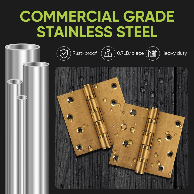 3 Pack Ball Bearing Door Hinges,4in x 4in Door Hinges,Heavy Duty Stainless Steel Door Hinges for Exterior & Interior Doors,Smooth and Quiet, Non Removable Pin (Brass) Brass 3