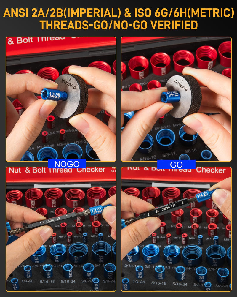 66-Piece Nut and Bolt Thread Checker Kit | 34 SAE (Blue) + 32 Metric (Red) Thread Gauges - Precision Bolt Size Finder for Tight Spaces, DIY & Professional Repairs 66