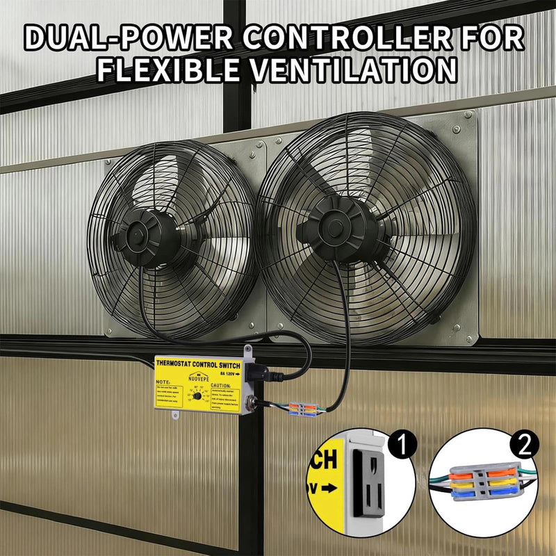 Attic Fan Thermostat Control with Socket & Wire Connector, Adjustable Plug-in Thermostat with Overload Protection, Dual-Fan Compatible Controller for Greenhouse, Workshop, Garage, Vent Fan 1 Pack