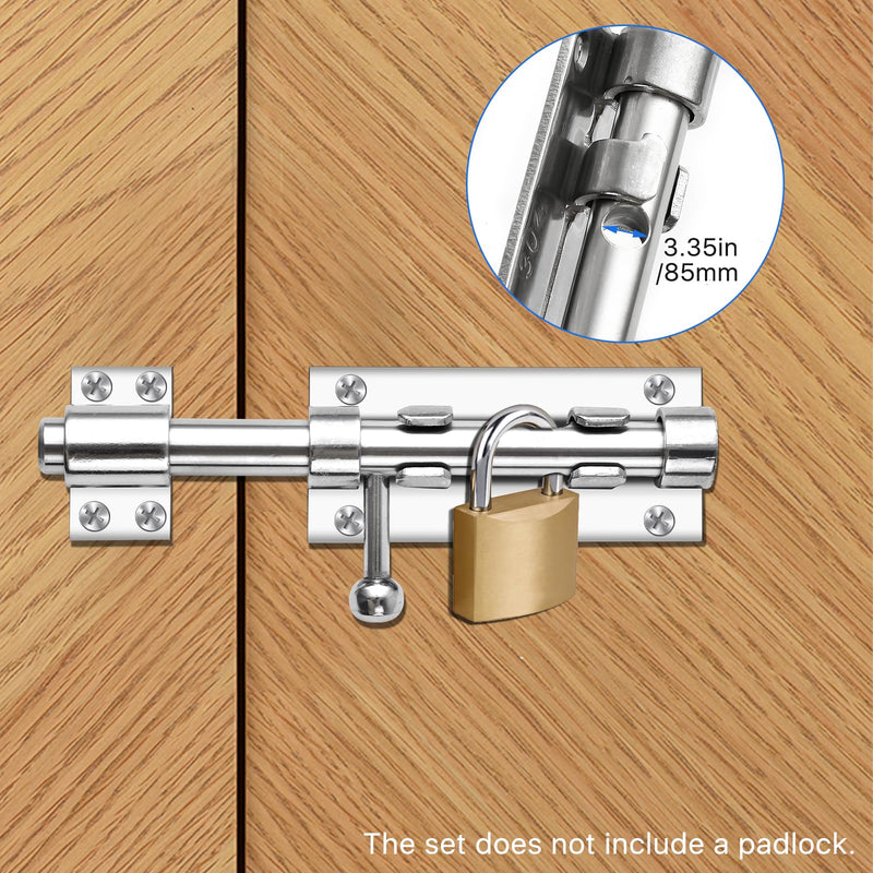 6.3inch Sliding Bolt Gate Latch, 2 Pack Heavy Duty Barrel Bolt with Padlock Hole, 304 Stainless Steel Solid Gate Lock Security Guard Door Latches for Yard Trailer Fence Shed Garages Silver