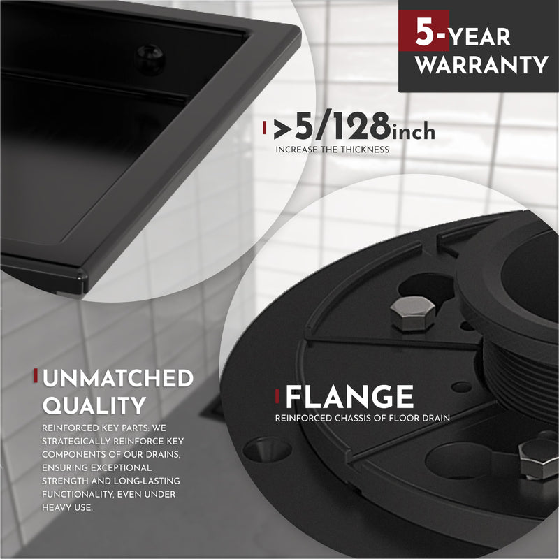 WEBANG 6 Inch Square Shower Floor Drain with Flange,Quadrato Pattern Grate Removable,Food-Grade SUS 304 Stainless Steel,Watermark&CUPC Certified,Matte Black Matte Black