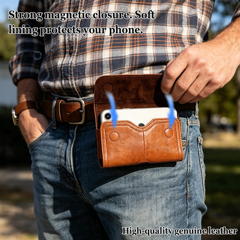 Leather Phone Holster Cell Phone Belt Holder with Clip for Large iPhone Plus - Pro Max 16 15 14 13, Samsung Galaxy Ultra S25 S24 (Brown, Large) Brown
