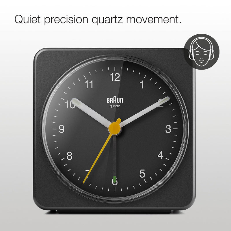 Braun Classic Analogue Alarm Clock with Snooze and Light, Quiet Quartz Sweeping Movement, Crescendo Beep Alarm in Black, Model BC03B.