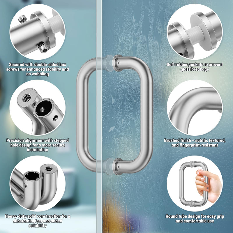 Ranbo Brushed Nickel 6" （CTC） Tubular Back-to-Back Shower Door Handle，3/4" Diameter Pull Handles with Metal Washers, for 1/4"- 1/2" Thick Glass and 1-3/8" - 2-1/6" Thick Wooden or Metal Doors 6 Inch