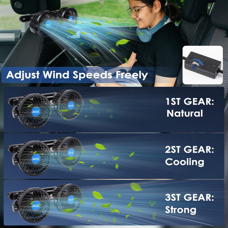 XOOL USB Dual Head Backseat Car Fan – 360° Rotatable Rear Seat Air Circulator with Stepless Speed & Adjustable Clip for Kids in SUV, Truck, RV USB Dual Fan - Rear (Stepless)