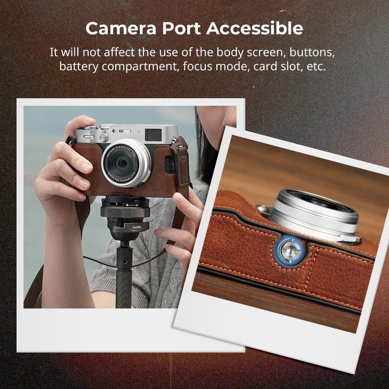 SMALLRIG Retro Half Leather Case for Fujifilm X100VI with Neck Strap, Brown | Genuine Leather Half Case with Aluminum Alloy Frame and Shoulder Strap