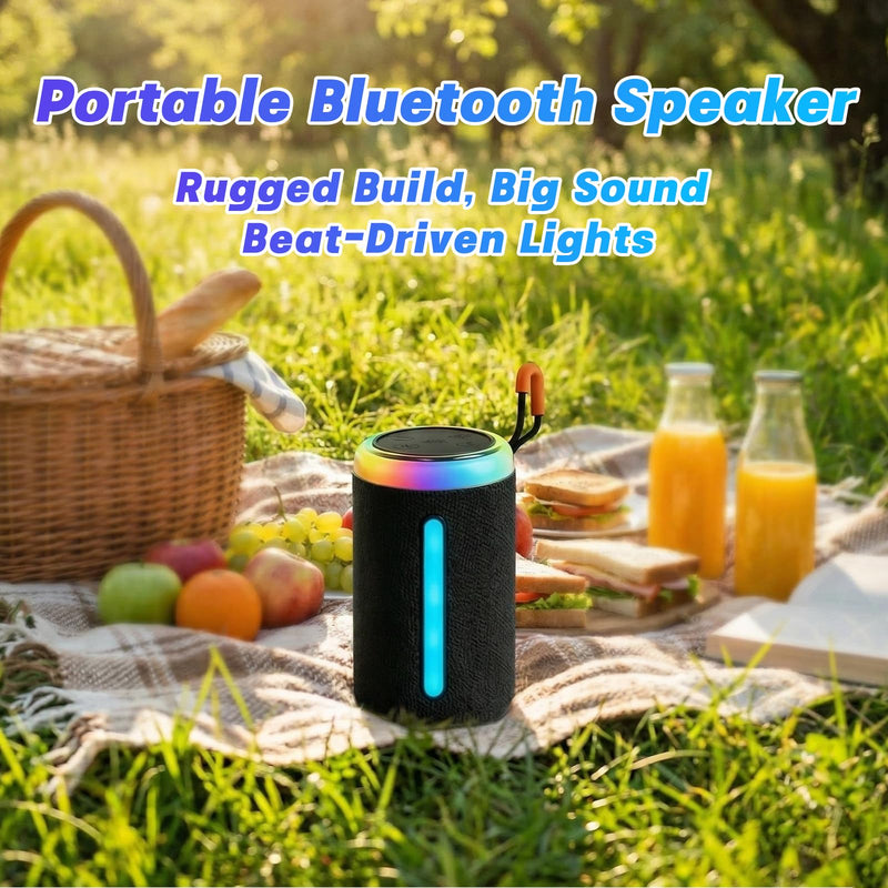 Portable Bluetooth Speaker with Vivid RGB LED Light Show, Textured Fabric Compact Wireless Speaker, Rich Bass, Outdoor/Indoor/Party, Perfect for Gift (Black) Black