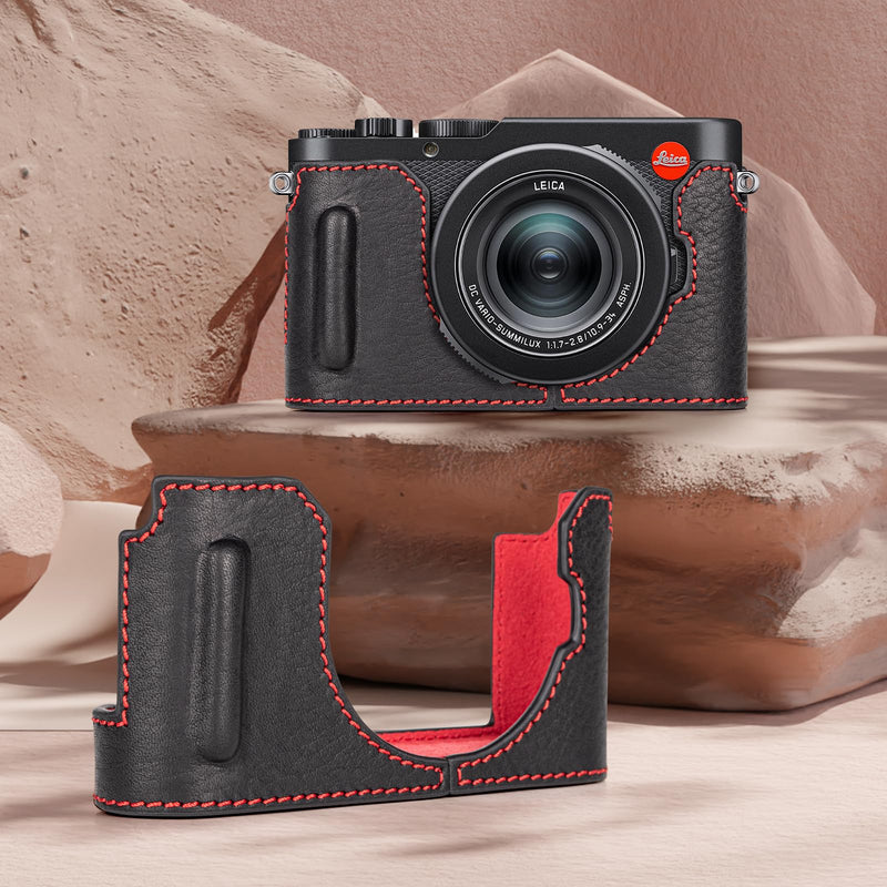 MUZIRI KINOKOO Case for Leica D-LUX 8 Camera - Retro Style Genuine Leather Half Protective Case for Leica D LUX 8/ D-LUX8 Camera - with Opening Bottom and Hand Grip Design - Black Red Black and Red
