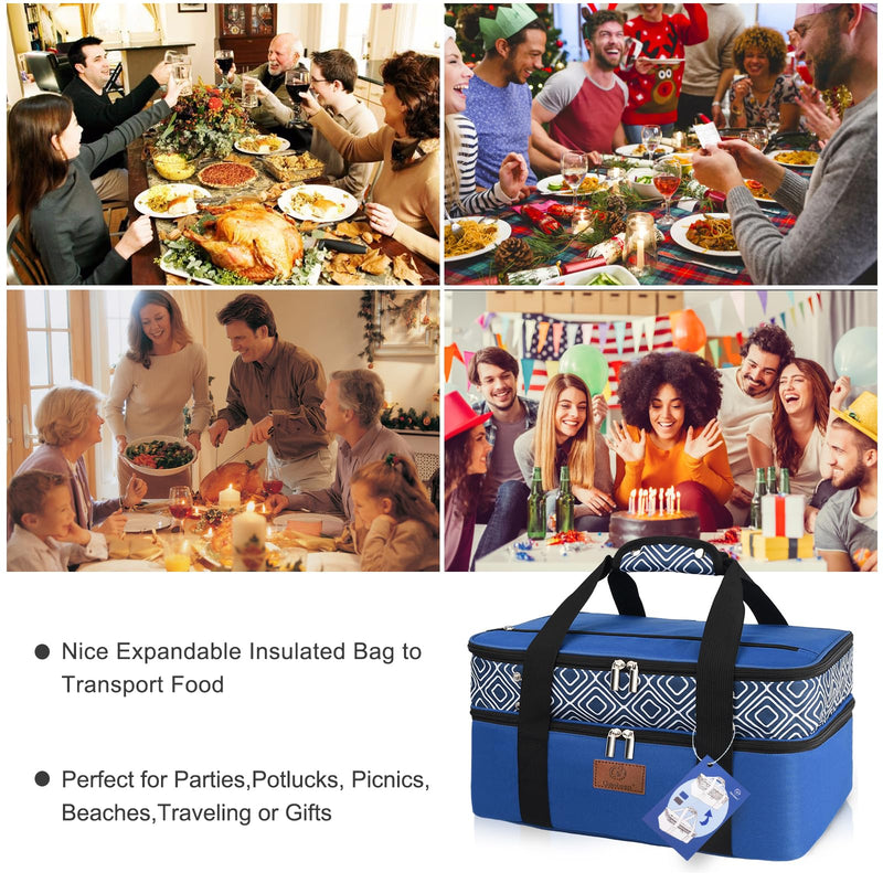 Genteen Insulated Casserole Carrier,Expandable Double Insulated Food Carrier for Hot and Cold Food, Fits 9x13 Casserole Dish,Lasagna Holder Tote for Parties Potluck Picnic (Blue)
