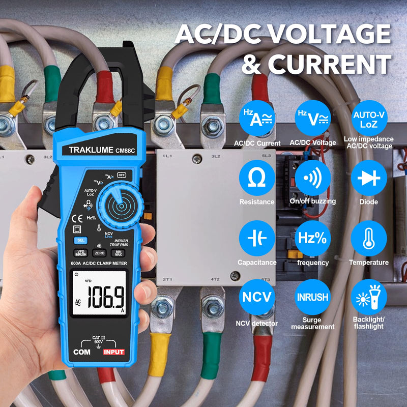 Clamp Meter Multimeter 6000 Counts Amp Meter Clamp AC/DC Current & Voltage Amp Clamp Multimeter Auto-Ranging with Resistance, Capacitance, Frequency, Diodes, Continuity, Temp, NCV, Ammeter Amperimetro AD/DC 600A