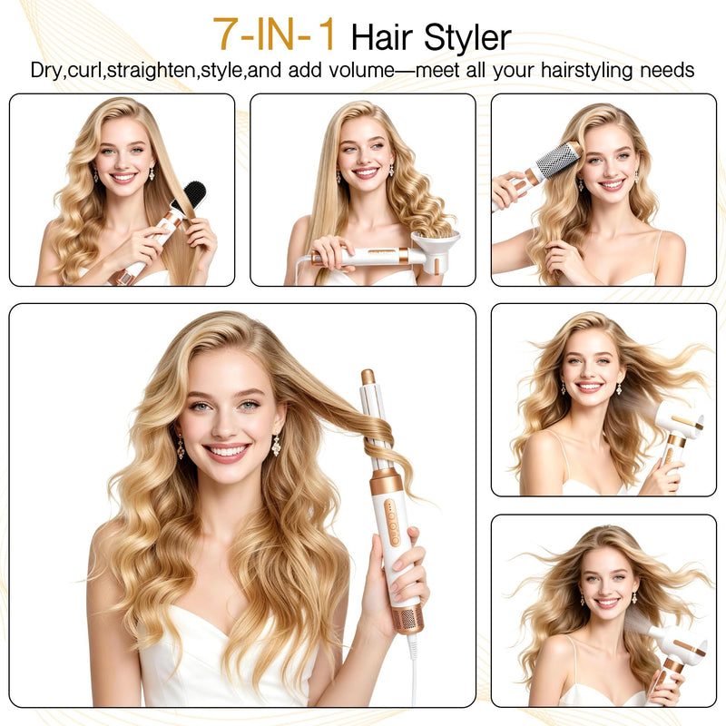 7-in-1 Hot Air Styler Set – 1400W Hair Dryer with Rotating Styling Brush for Straightening,Curling,Volumising & Smoothing – At-Home Salon Hair Kit for All Hair Types, Ideal Gift