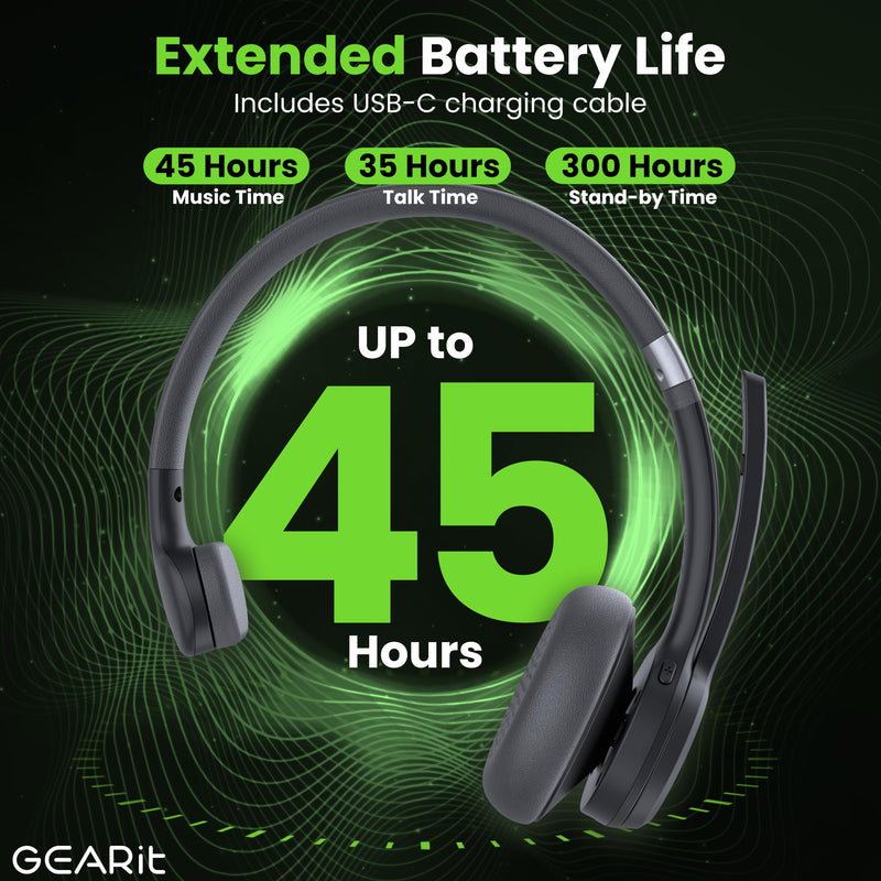 GEARit Wireless Bluetooth Headset with Mic - 35 Hrs Talk Time - for Trucker, w/Noise Cancelling Microphone & Mute Button - Easy to Set Up Wireless for Work, Phone Calls, Homes, Offices MONO Headset w/ 35 Hrs Talk Time Black