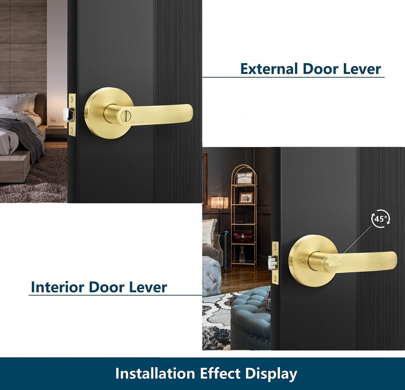 Leydebong 1 Pack Privacy Door Lock Door Handle Lever Keyless Door Knob Hardware Lockset for Bathrooms Indoor Door Levers Reversible Without Key for Interior Use, Light Satin Brass Finish Keyless-Privacy Lever