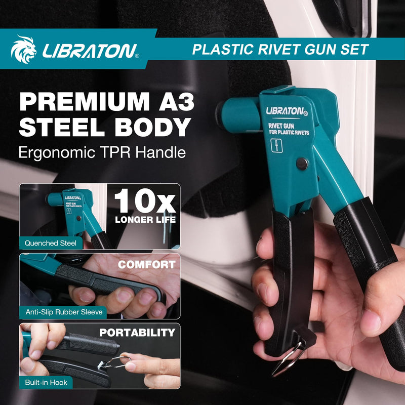 LIBRATON Plastic Rivet Gun Kit, 90 Degree Angle Hand Riveter with 40 Nylon Rivets (4 Sizes), Universal Nosepiece for Automotive/Electronics, Ergonomic & 50% Lighter Force