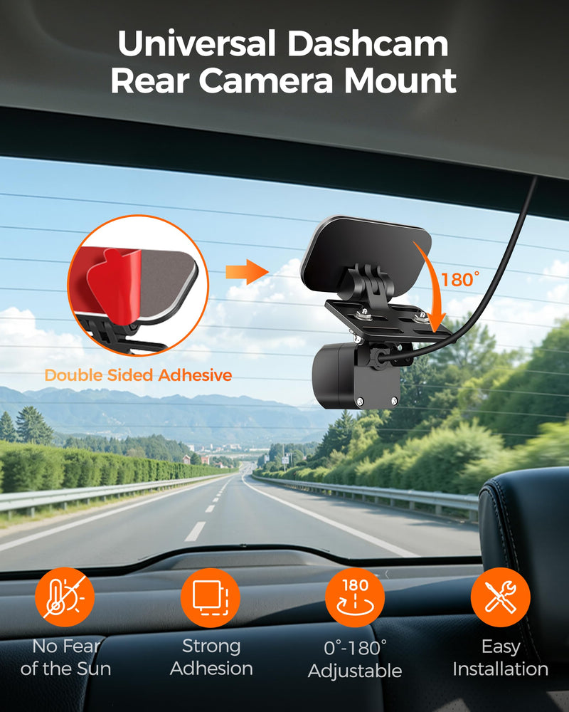 Rear Camera Mount for Dash Cam, 180° Adjustable Windshield Holder | Universal 180° adjustable rear camera mount, no drilling, heat-resistant adhesive, fits most dash cams for cars/SUVs/trucks