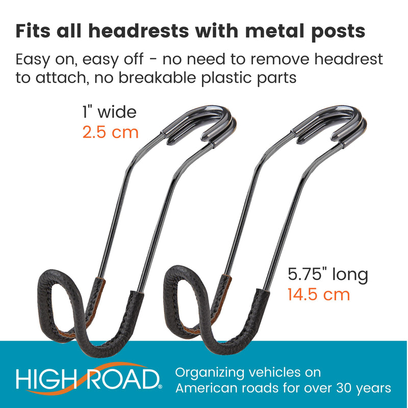 High Road Car Hooks for Purses and Bags with Leather Trim - Unbreakable Car Seat Hooks for Large Purse Straps and Heavy Bags up to 40 lbs - Secure Attachment Loops Fit All Headrest Posts, 2-Pack Black