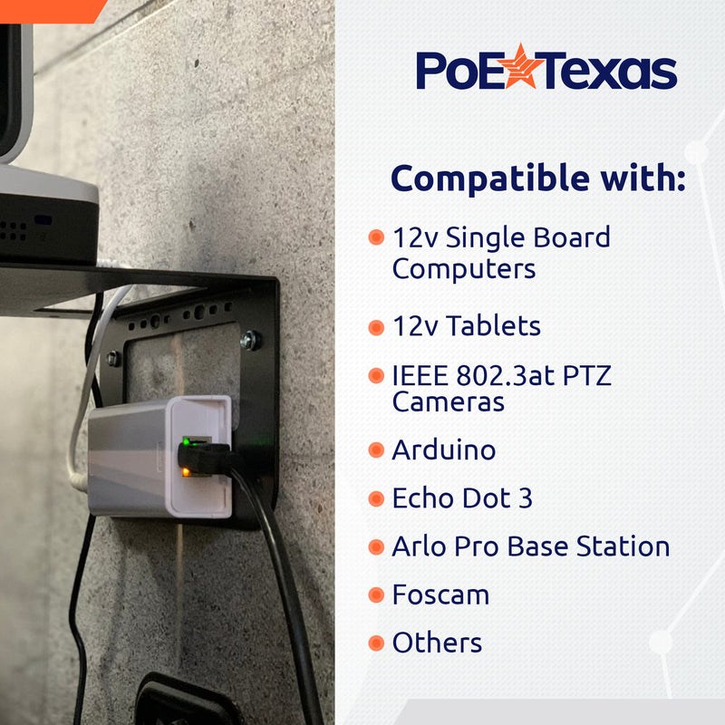 PoE Texas 12 Volt PoE+ - IEEE 802.3at - Splitter Splits Power Over Ethernet to 12v DC & Gigabit Data with Opto-Isolation Protection for 12v 25w Devices, Tablets, Single Board Computers, PTZ Cameras