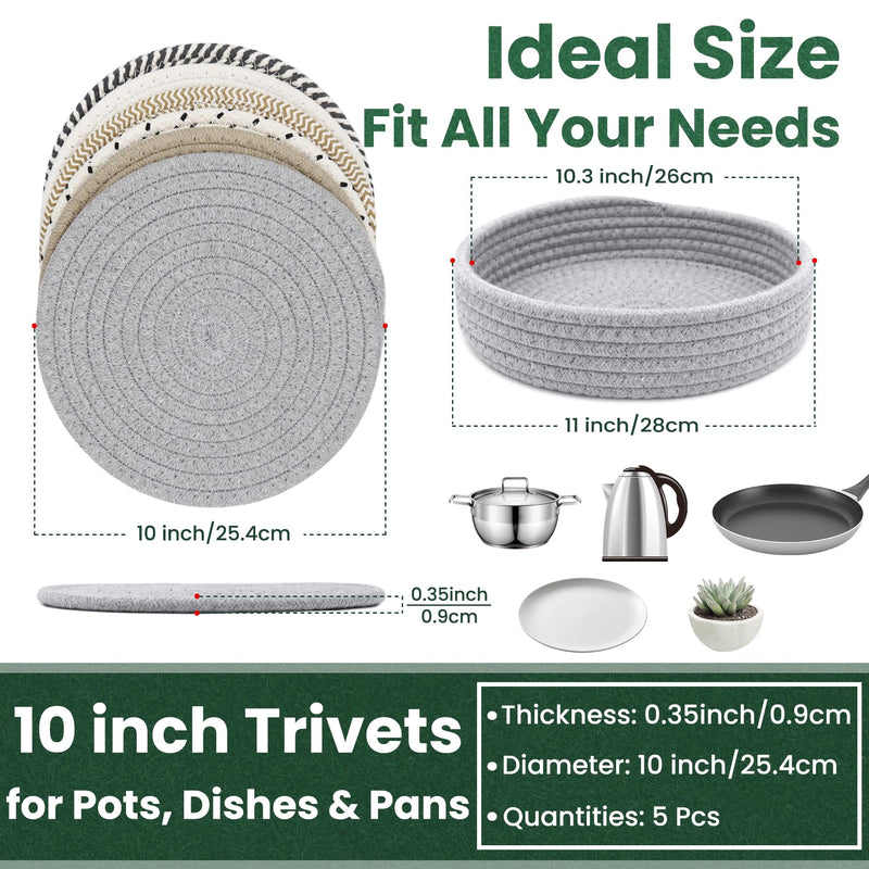 10 Inch Trivets for Hot Dishes, Hot Pots and Pans, Extra Large Thick Heat Resistant Large Coaster, Hot Pads, Kitchen Essentials, Pot Holders for Countertop with Storage Basket, 5 Pcs Mix Color With Basket
